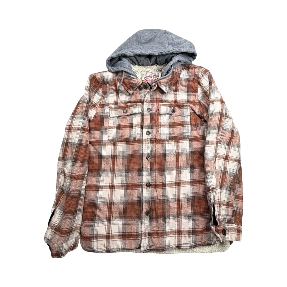 Levi Strauss Flannel Shirt Jacket Mens M Brown Plaid Sherpa Hooded Western